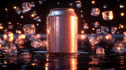 Sparkling aluminum can with ice cubes
