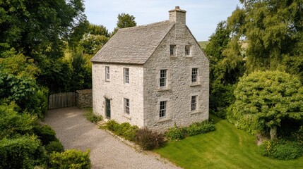 Exterior of a beautiful stone house with a gravel driveway and green lawn surrounded by trees.