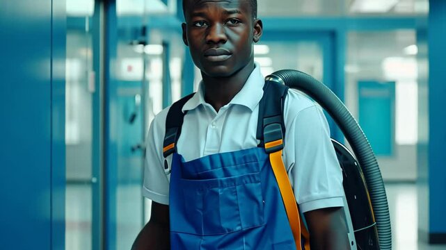 A professional cleaner with a vacuum backpack stands ready.
