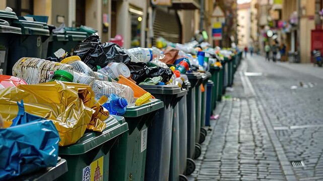 Overflowing garbage bins line an urban street, indicating a waste management issue.
