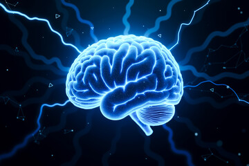 Glowing digital brain with electric impulses and neural connections on dark background