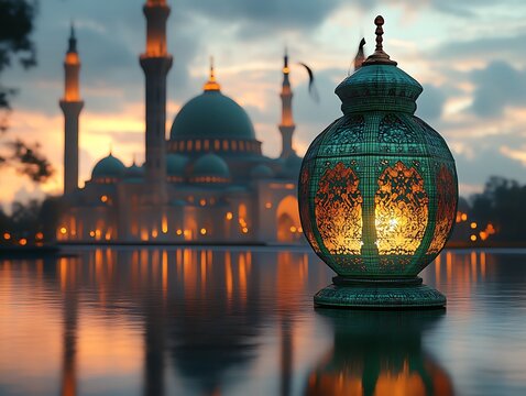 Lantern reflects dusk mosque by the water