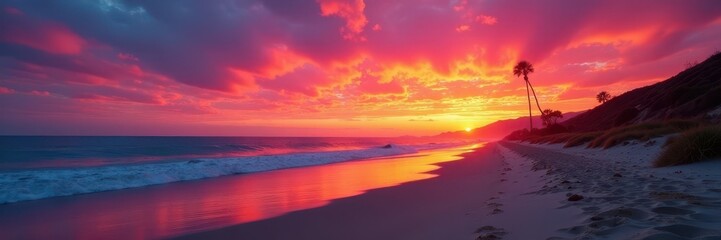 Fototapeta premium Fiery hues paint the sky above a sandy Southern California beach at dusk , summer, golden hour, nature