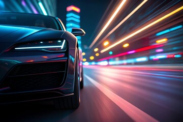 Obraz premium Futuristic car speeding down a neon-lit city street at night with motion blur.