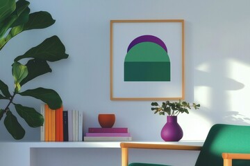Elegant Geometric Shapes Wall Art, Vibrant Greenery, Cozy Furniture Creating Harmony In Home Office, Inspiring Atmosphere