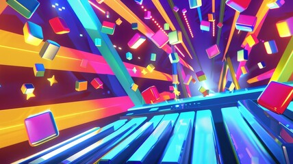 Abstract colorful and fantasy scene filled with musical festival. Vibrant color with vividness tone under a bright particle evoking a playful and joyful atmosphere of surreal beat and music. AIG53.