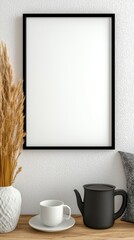 Freshly brewed coffee pot and a cup placed on a wooden table ready for enjoyment in a cozy setting