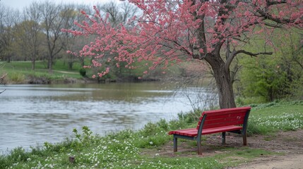 Obraz premium Tranquil park view with lush pink cherry blossoms and a solitary red bench underneath