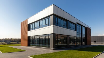 Modern office building exterior with glass windows and metal cladding on a sunny day. Architecture and real estate concept.