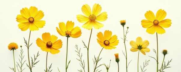 Delicate yellow cosmos, flat, pressed, dried Botanical illustration , pressed flowers, vintage