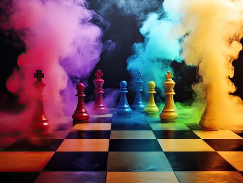 Colorful chessboard encounter with mystic smoke, strategic game concept