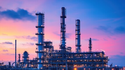 Obraz premium Oil refinery plant at twilight. Concept of petrochemical industry, manufacturing, and energy production.