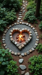 Fototapeta premium Heart-shaped fireplace in tranquil forest glade, symbol of peace