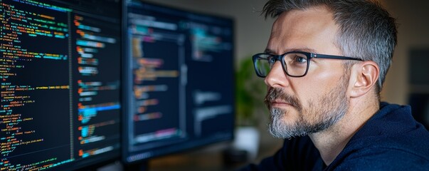 Remote Software Developer Jobs ,Work From Home Programming, Focused Data Scientist Analyzing Code on Dual Monitors in Modern Office