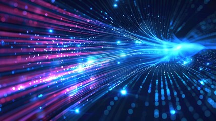 Obraz premium Abstract blue digital network background with lines and nodes. Digital artwork of glowing digital wave waving and flowing at black background. Technology innovation and data visualization. AIG55.