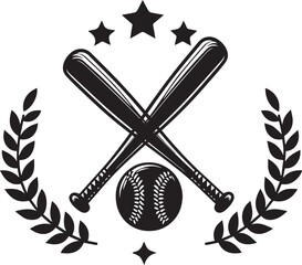Baseball or Softball Logo With Crossed Bats, a Ball and Laurels silhouette vector illustration.