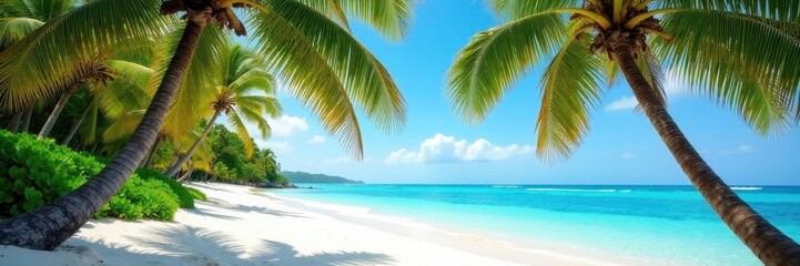 Palm trees arch over untouched, pure white sand shore, paradise, sand