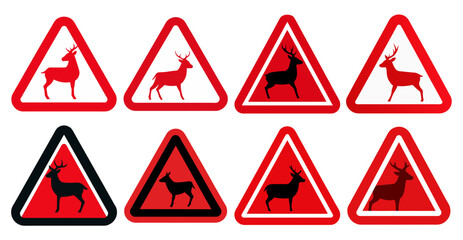 Warning Deer Crossing Signs A collection of triangular warning signs depicting a deer silhouette, used to alert drivers to the potential presence of deer crossing the road. 