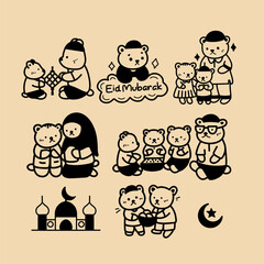 set of bears cartoon characters celebrating eid mubarak