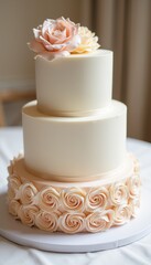 Elegant buttercream wedding cake with delicate roses, celebration bliss