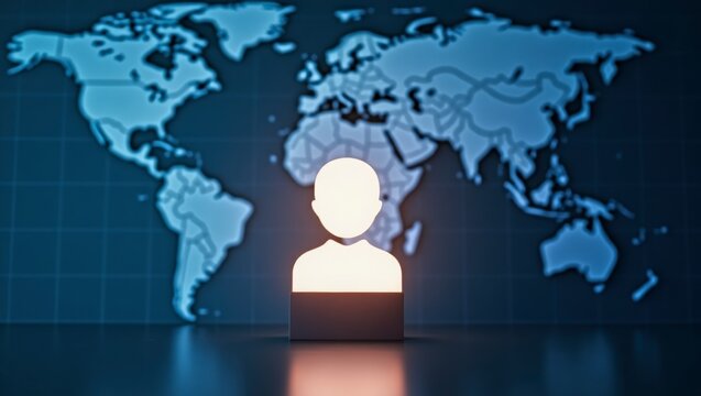 Conceptual glowing person icon in front of a world map depicts global network and communication.