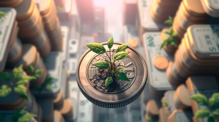 A young plant grows from a coin, representing the concept of financial growth and investment.