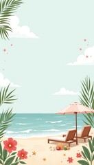 Obraz premium Charming beach scene with sun loungers and umbrella, seaside paradise