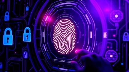 A futuristic digital fingerprint scan glows with neon light, securing access with biometric technology.