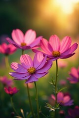Fototapeta premium Cosmos flowers in full bloom, sunlight illuminating petals , petals, cosmos, sunset