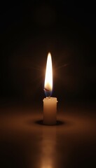 White candle burning peacefully in dark room, symbol of tranquility