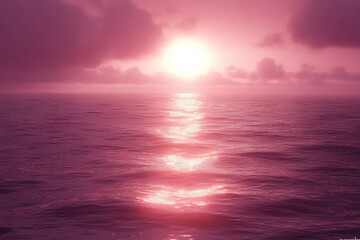 Obraz premium Serene sunset over calm ocean waters, with soft pink hues reflecting on the surface, evoking tranquility