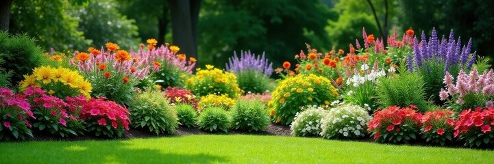 Naklejka premium Mature perennial border, diverse planting scheme, flowering, lush, planting