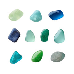 collection of sea glass pieces in shades of blue, green, and turquoise, showcasing their smooth textures and vibrant colors. Perfect for decorative use or crafting