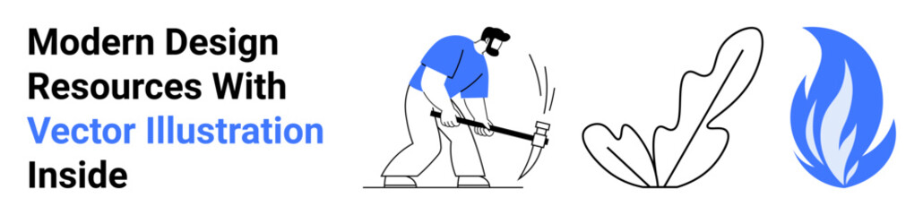 Man using pickaxe, abstract leaf, and flame elements symbolizing labor, nature, and energy. Ideal for environmental awareness, sustainability, industry, physical activity renewable energy eco