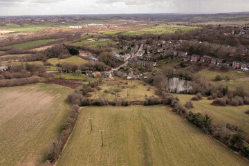 Aerial drone photo of the town of Thornhill Edgein Dewsbury West Yorkshire in the UK showing the British town from above and rows of traditional terrace houses in the winter time