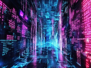 Futuristic data stream corridor with glowing digital information panels