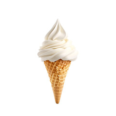 Classic vanilla ice cream cone with creamy swirl on waffle cone, perfect for hot day. Indulge in this delightful treat