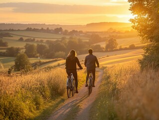 Obraz premium A couple riding bicycles along a scenic path in the countryside
