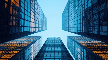 Looking up at modern skyscrapers in a business district. Architecture and urban landscape concept.