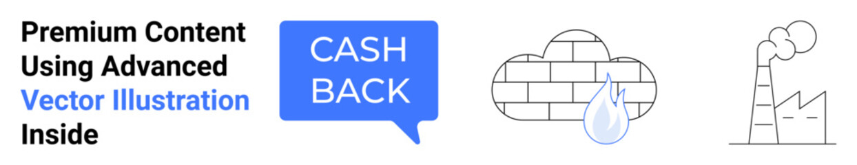 Fototapeta premium Cashback label in message bubble, cloud with raindrop, smoke-emitting factory. Ideal for finance, environment, industrial growth, sustainability, climate crisis, incentives flat landing page banner