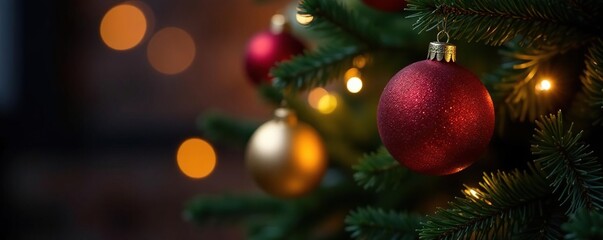 Obraz premium Sparkling light garland balls on a decorated fir tree, fir, lights, balls