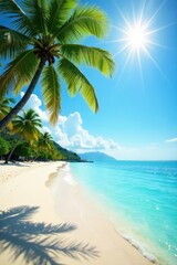 Sun-drenched beach, turquoise water, palm trees, relaxing, serene, shore