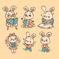 set of funny cartoon rabbits doing daily activities