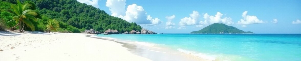 Fototapeta premium White sand beach, distant green island silhouette, calm sea, wallpaper, view