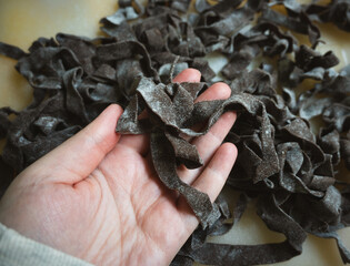 Chocolate pasta making. Freshly made Italian chocolate pasta on a floured surface. Concept of homemade pasta preparation gourmet cuisine, and unique pasta recipes
