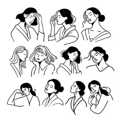 set of women in different mimic and pose lineart illustration