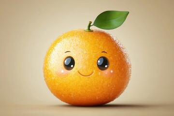 Cute orange cartoon character with a smiling face and green leaf on a neutral background