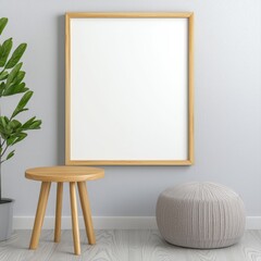 Simple white frame on a wall with a plant in the corner adding freshness and style to a minimalistic living space