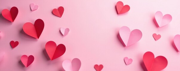Obraz premium Delicate pink and red paper hearts scattered on a soft pink background , handmade, romantic, delicate