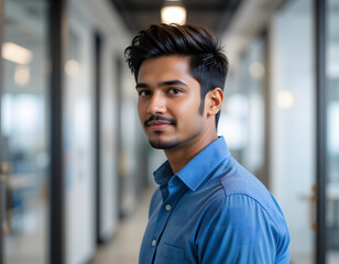 Obraz premium millennial 30s Indian man dressed in casual blue shirt posing indoor. Profile picture of office employee